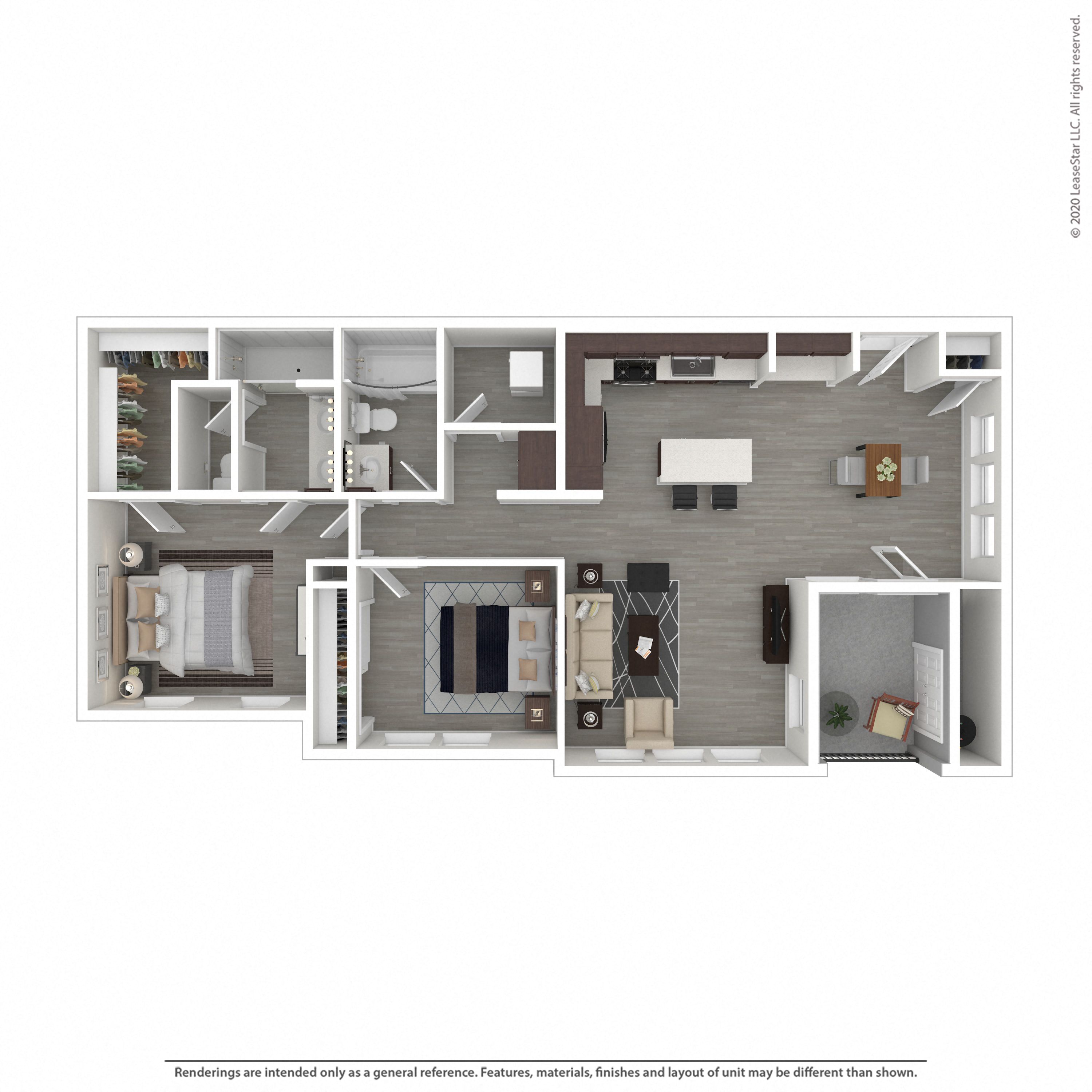 Floor plan for 2 beds, 2 baths, 1167 sqft